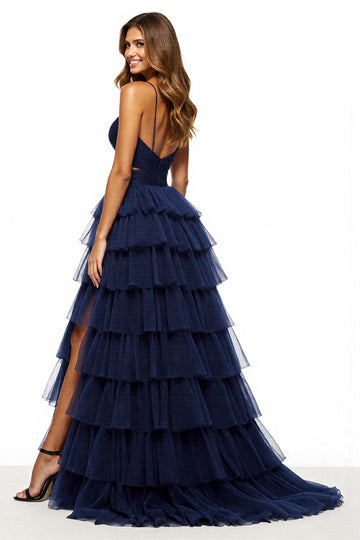 Ball Gown Navy Ruffled Long Tulle Formal Dress with Slit